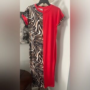 Red Maxi Dress with Bold Black and White Zebra Design Women's Size L